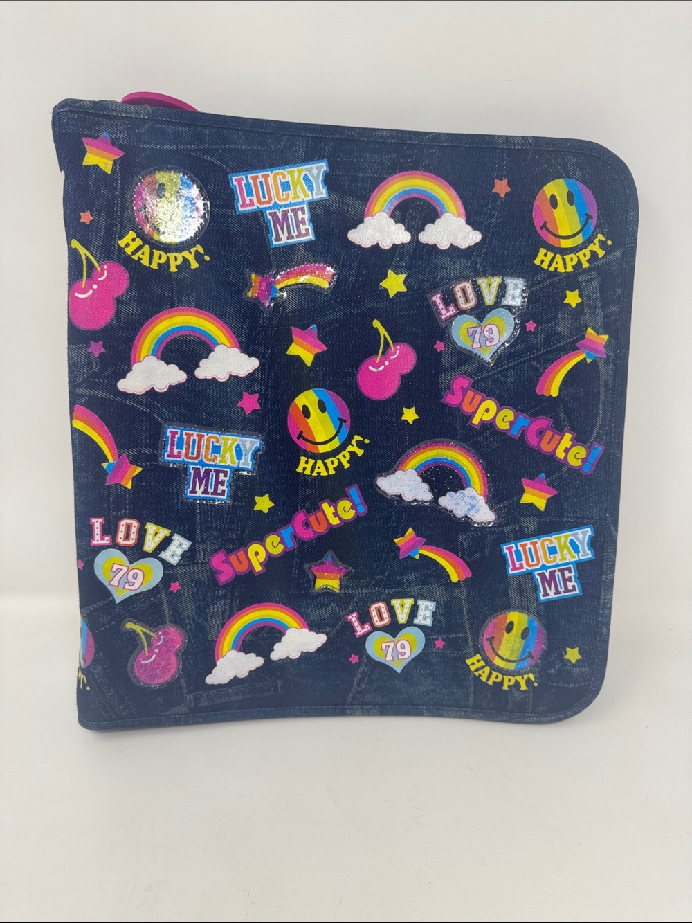 LISA FRANK DENIM ZIP AROUND 3 RING BINDER RAINBOW SMILEY FACE STARS
